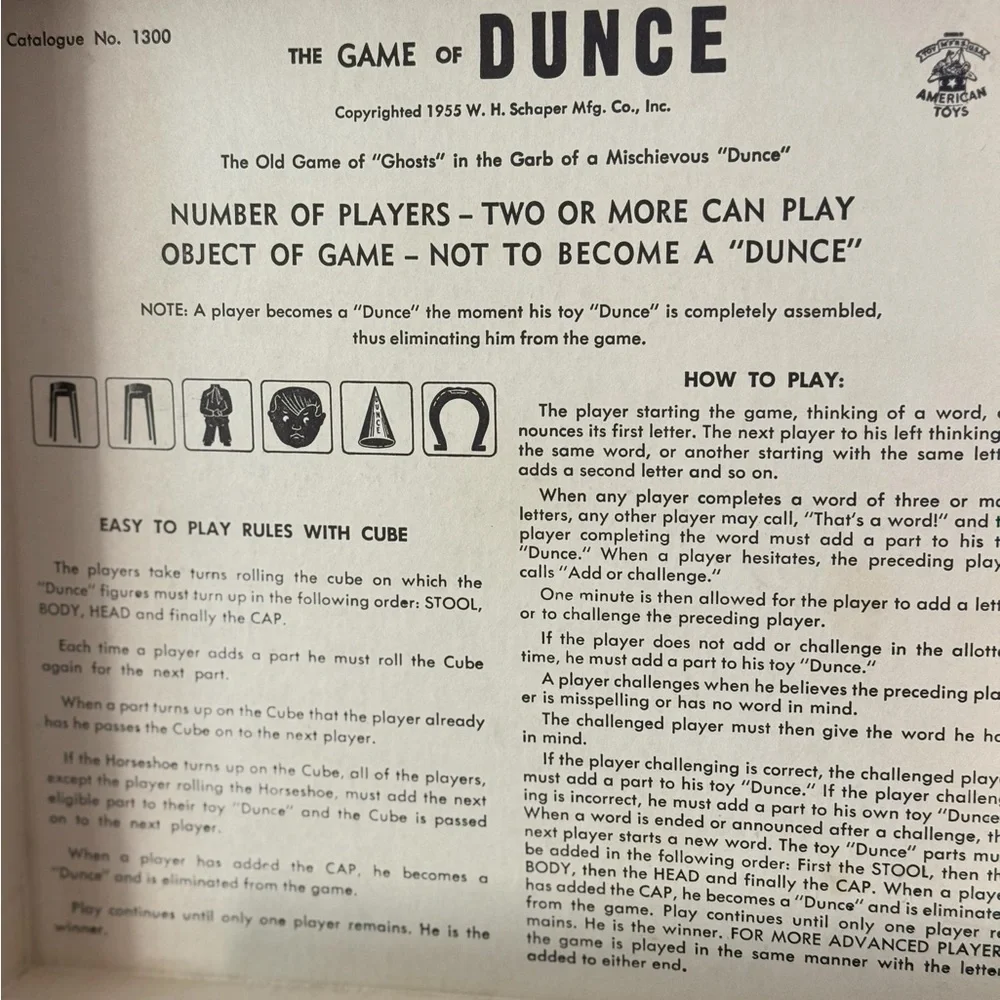 Vintage Dunce game 1955 W.H. Shaper MFG Co Complete  with dice and pieces